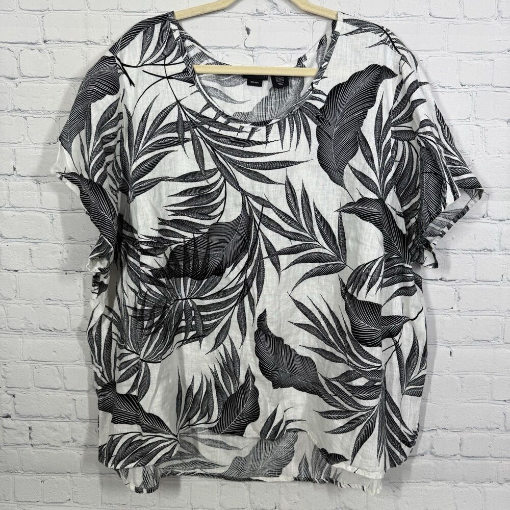 Tahari Blouse 100% Linen Women Plus 3X White Black Lagenlook Vacation Top